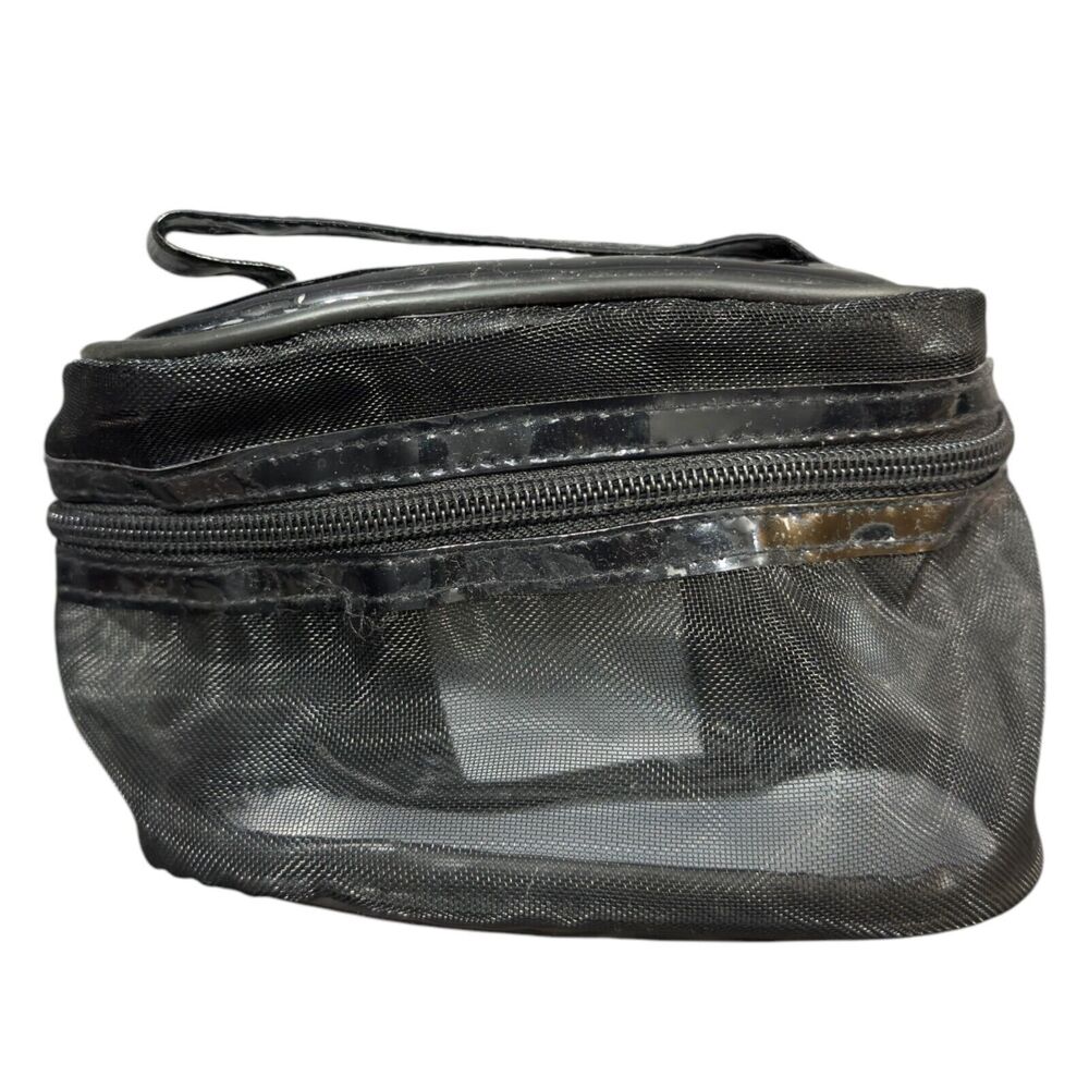 Womens Travel Cosmetic Organizer Purse Black Mesh Patent Leather Zip Around